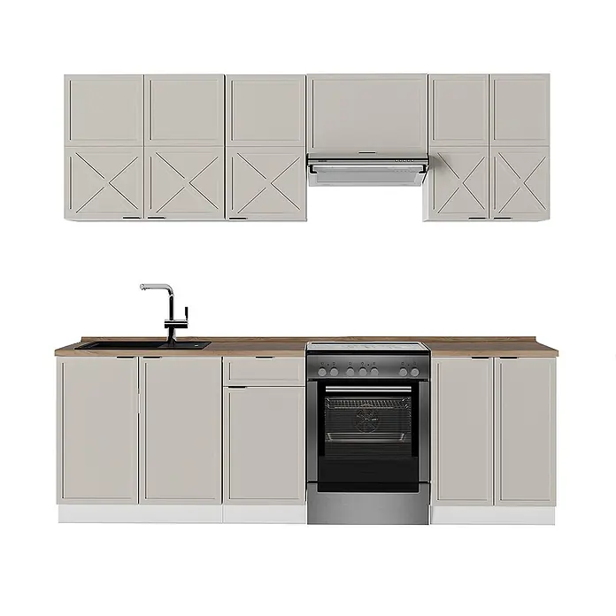 Vicco Küchenzeile Fame-Line GrauBeige/Weiß, AP Eiche - Breite: 240 cm, GrauBeige, Ohne Elektrogeräte - Helle beige Küchenschrank-Set mit Holzplatte, schwarzem Spülbecken und Edelstahl-Ofen und -Dunstabzugshaube.
