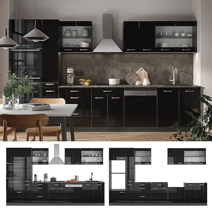 Vicco Küchenzeile R-Line Schwarz Hochglanz/Anthrazit mit Hochschrank, AP Eiche - Breite: 350 cm, Schwarz Hochglanz, Ohne Elektrogeräte - Moderne schwarze Hochglanz-Modulküche mit integrierten Geräten.