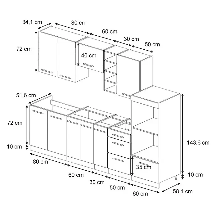 Vicco Küchenzeile Fame-Line Eiche Paneel/Anthrazit ohne Arbeitsplatte - Breite: 280 cm, Eiche Paneel, Ohne Elektrogeräte - Linienzeichnung eines modularen Küchenschranksystems mit Ober- und Unterschränken und detaillierten Maßen.