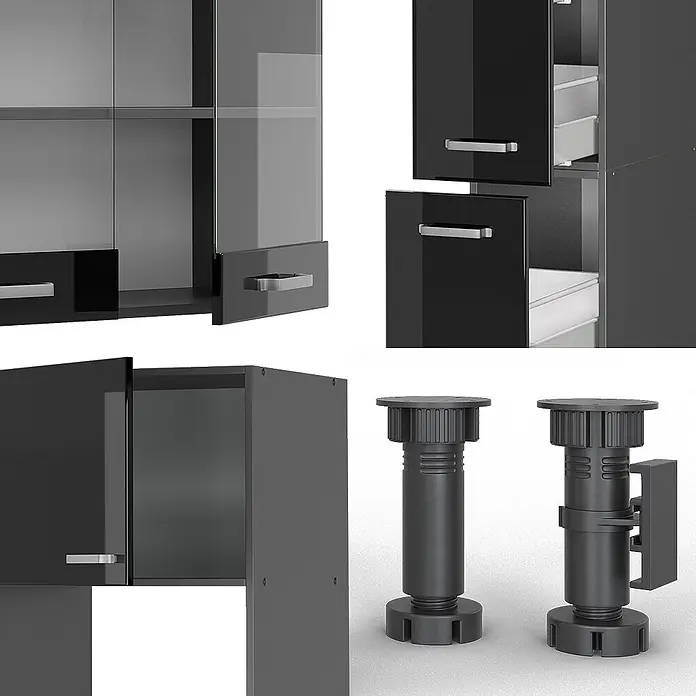 Vicco Küchenzeile R-Line Schwarz Hochglanz/Anthrazit mit Hochschrank, AP Eiche - Breite: 350 cm, Schwarz Hochglanz, Ohne Elektrogeräte - Modulare schwarze Hochglanz-Schrankteile mit Glasböden, offenen Schubladen/Türen und verstellbaren Standfüßen für ein Küchen-/Badsystem.