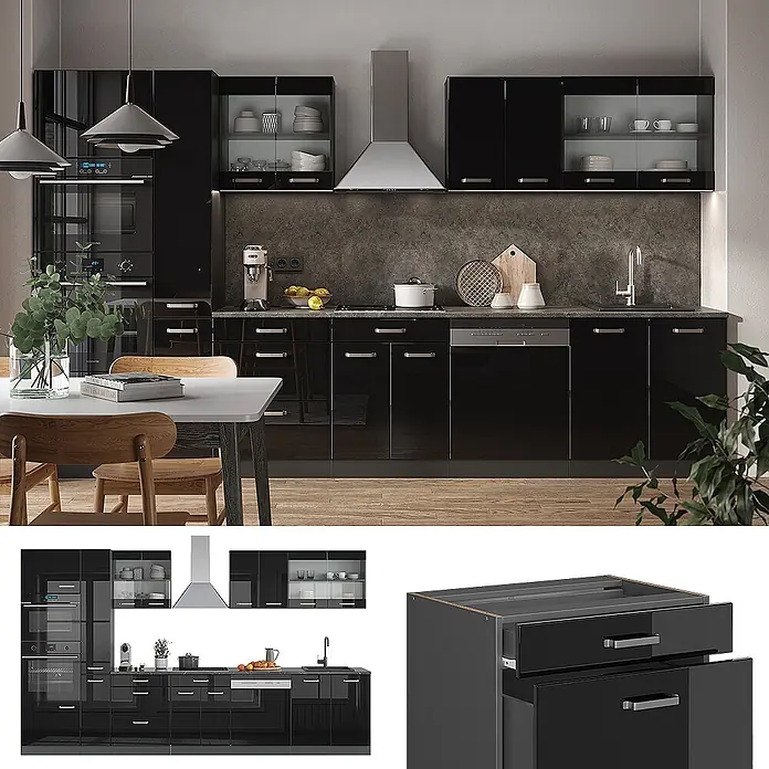 Vicco Küchenzeile R-Line Schwarz Hochglanz/Anthrazit mit Hochschrank, AP Eiche - Breite: 350 cm, Schwarz Hochglanz, Ohne Elektrogeräte - Moderne hochglanzschwarze Küchenzeile mit Unter- und Oberschränken sowie integrierten Geräten.