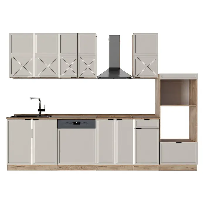 Vicco Küchenzeile Fame-Line GrauBeige/Goldkraft Eiche mit Hochschrank, AP Eiche - Breite: 300 cm, GrauBeige, Ohne Elektrogeräte - Helle beige Küche mit Holz-Arbeitsplatten, schwarzer Spüle, grauem Geschirrspüler, Dunstabzugshaube und Regalen.