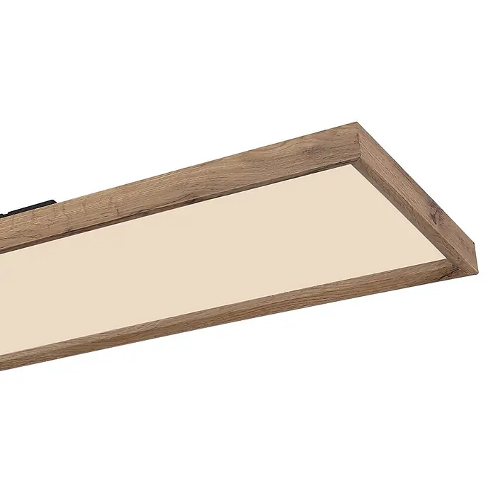 Globo LED-Panel Cinderella - 36 W - Rechteckige LED-Deckenleuchte mit hellbraunem Holzrahmen und beigem Diffusor.