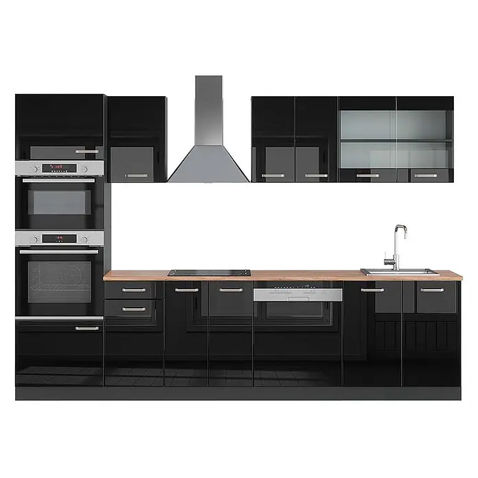 Vicco Küchenzeile R-Line Schwarz Hochglanz/Anthrazit mit Hochschrank, AP Eiche - Schwarz Hochglanz, Ohne Elektrogeräte - Moderne hochglanzschwarze Küchenzeile mit heller Holzarbeitsplatte und integrierten Edelstahlgeräten: Öfen, Mikrowelle, Dunstabzugshaube, Kochfeld, Geschirrspüler, Spüle.