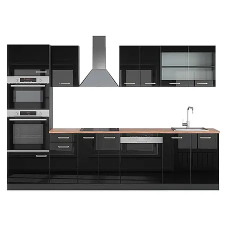 Vicco  Küchenzeile R-Line Schwarz Hochglanz/Anthrazit mit Hochschrank, AP Eiche
