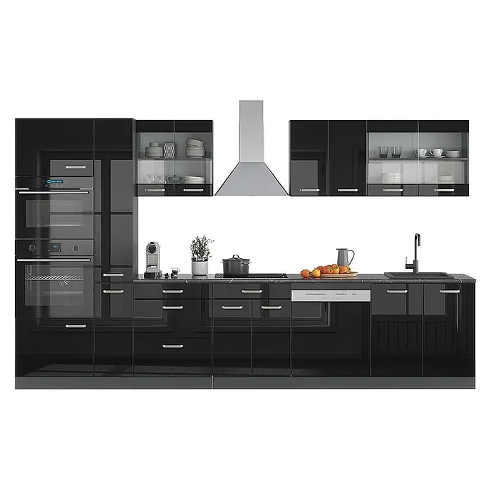 Vicco Küchenzeile R-Line Schwarz Hochglanz/Anthrazit mit Hochschrank, AP Eiche - Breite: 350 cm, Schwarz Hochglanz, Ohne Elektrogeräte - Moderne schwarze Hochglanzküche mit integrierten Geräten, Kochfeld, Spüle und Dunstabzugshaube.