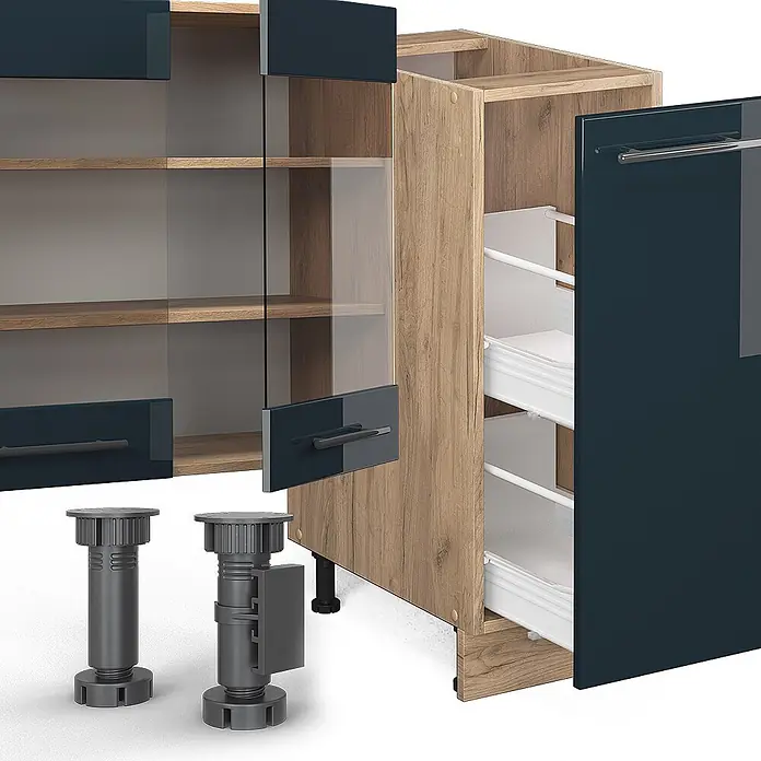 Vicco Küchenzeile Fame-Line Dunkelblau Hochglanz/Goldkraft Eiche ohne Arbeitsplatte - Dunkelblau Hochglanz, Ohne Elektrogeräte - Modulares Küchenschranksystem mit dunkelblauen Fronten, Holzoptik-Korpus, Glastüren, Auszugsschubladen und verstellbaren Füßen.