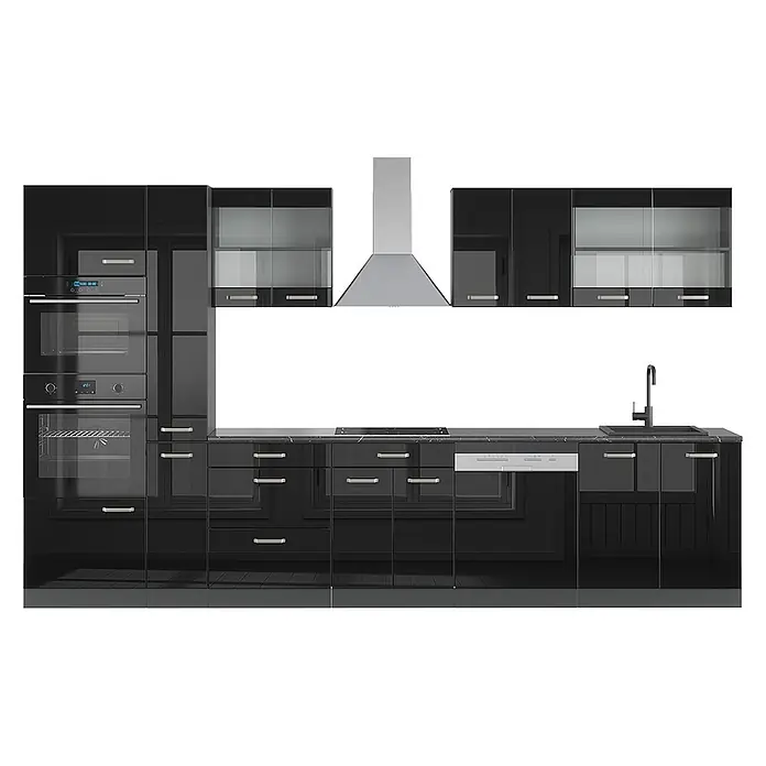 Vicco Küchenzeile R-Line Schwarz Hochglanz/Anthrazit mit Hochschrank, ohne Arbeitsplatte - Schwarz Hochglanz, Ohne Elektrogeräte - Moderne schwarze Hochglanzküche mit integrierten Geräten und Edelstahl-Dunstabzugshaube.