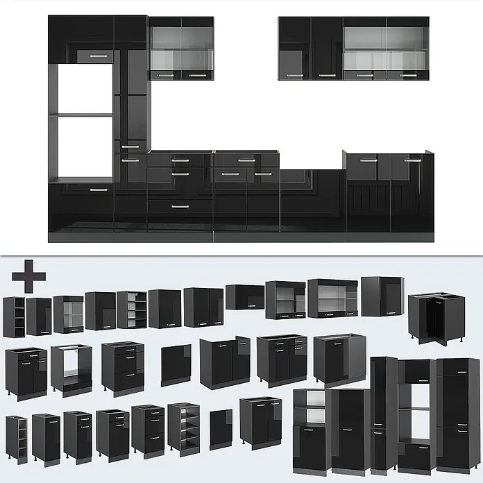 Vicco Küchenzeile R-Line Schwarz Hochglanz/Anthrazit mit Hochschrank, AP Eiche - Breite: 350 cm, Schwarz Hochglanz, Ohne Elektrogeräte - Modulare hochglänzende schwarze Küchenschränke in verschiedenen Konfigurationen und Einzelteilen.