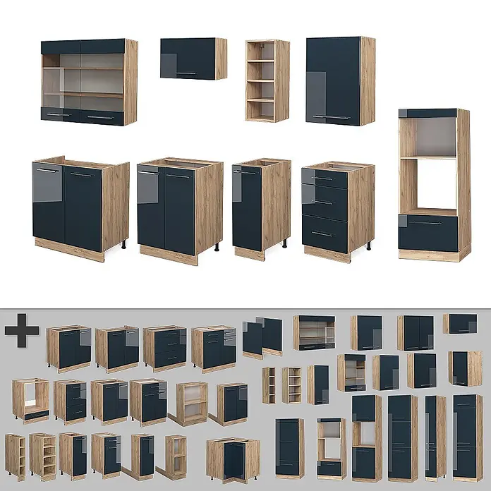 Vicco Küchenzeile Fame-Line Dunkelblau Hochglanz/Goldkraft Eiche, AP Eiche - Breite: 280 cm, Dunkelblau Hochglanz, Ohne Elektrogeräte - Satz modularer Küchenschränke mit glänzenden dunkelblauen Türen und hellen Holzkorpussen, in verschiedenen Konfigurationen.