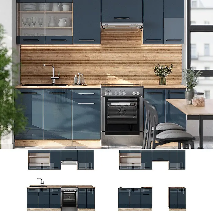 Vicco Küchenzeile Fame-Line Dunkelblau Hochglanz/Goldkraft Eiche, AP Anthrazit - Dunkelblau Hochglanz, Ohne Elektrogeräte - Moderne dunkelblaue Hochglanz-Küchenschränke mit hellen Holz-Arbeitsplatten und Rückwänden in einer funktionalen Küche.