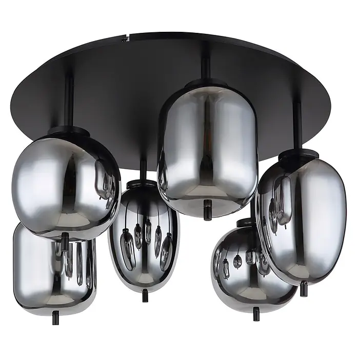 Globo Deckenleuchte Blacky - 40 W, E14 - Moderne schwarze Deckenleuchte mit mehreren Rauchglas-Chromschirmen für stimmungsvolles Licht.