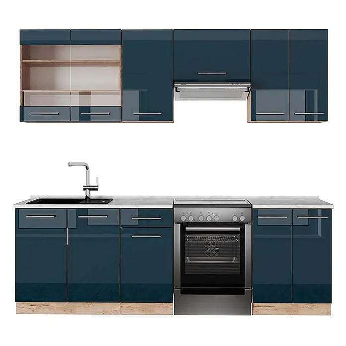 Vicco Küchenzeile Fame-Line Dunkelblau Hochglanz/Goldkraft Eiche, AP Marmor - Dunkelblau Hochglanz, Ohne Elektrogeräte - Hochglanz-blaue Küchenzeile mit Ober- & Unterschränken, Holzsockel, weißer Arbeitsplatte, Spüle, Herd, Dunstabzug.