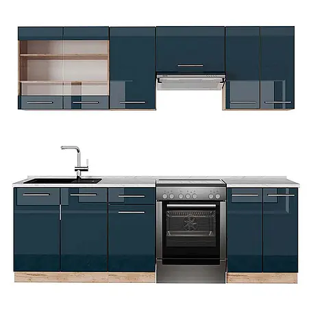 Vicco  Küchenzeile Fame-Line Dunkelblau Hochglanz/Goldkraft Eiche, AP Marmor