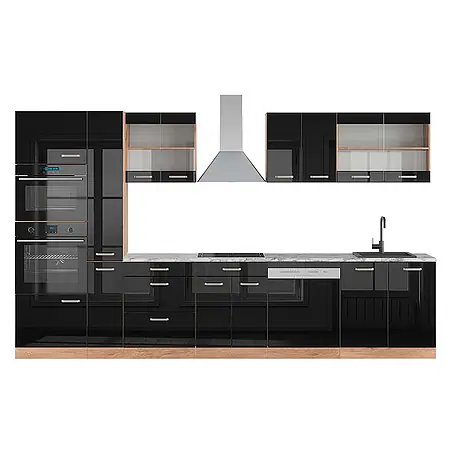 Vicco  Küchenzeile R-Line Schwarz Hochglanz/Goldkraft Eiche mit Hochschrank, AP Marmor
