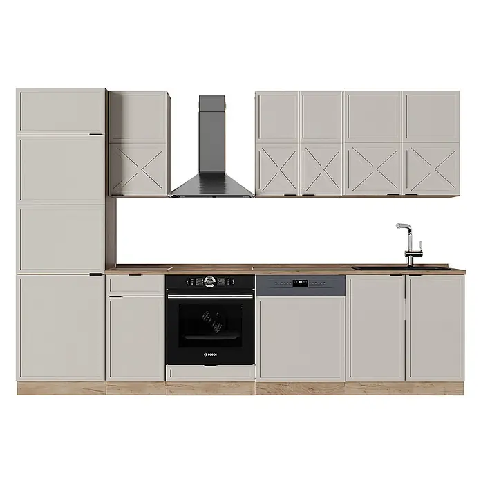 Vicco Küchenzeile Fame-Line GrauBeige/Goldkraft Eiche, AP Eiche - Breite: 300 cm, GrauBeige, Ohne Elektrogeräte - Moderne Küche mit hellbeigen Schränken, Arbeitsplatte in Holzoptik, integriertem Backofen, Geschirrspüler und Spüle. Inkl. Dunstabzugshaube.