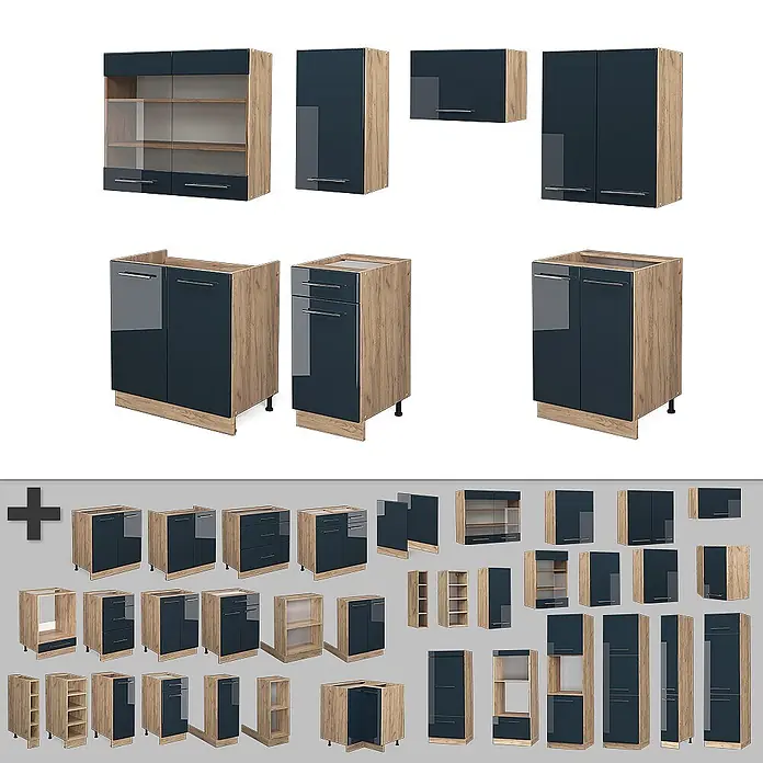 Vicco Küchenzeile Fame-Line Dunkelblau Hochglanz/Goldkraft Eiche, AP Eiche - Breite: 240 cm, Dunkelblau Hochglanz, Ohne Elektrogeräte - Modulares Küchenschrank-Set mit dunkelblauen Hochglanzfronten und hellen Holzoptik-Korpusen.
