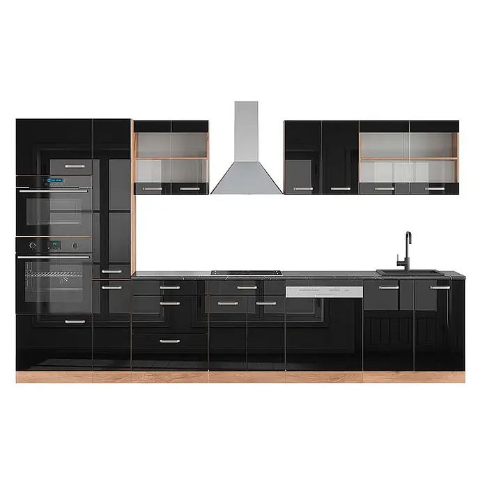 Vicco Küchenzeile R-Line Schwarz Hochglanz/Goldkraft Eiche mit Hochschrank, AP Anthrazit - Schwarz Hochglanz, Ohne Elektrogeräte - Moderne schwarze Hochglanzküche mit integrierten Geräten und Holzdetails.