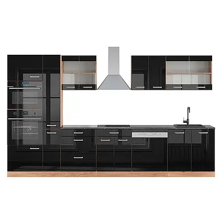 Vicco  Küchenzeile R-Line Schwarz Hochglanz/Goldkraft Eiche mit Hochschrank, AP Anthrazit