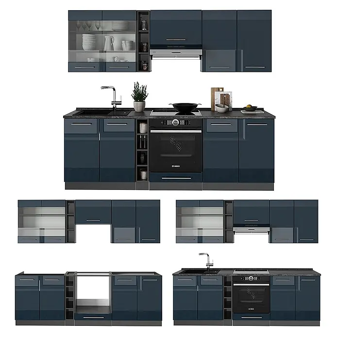 Vicco Küchenzeile Fame-Line Dunkelblau Hochglanz/Anthrazit, AP Eiche - Breite: 235 cm, Dunkelblau Hochglanz, Ohne Elektrogeräte - Moderne hochglänzende, petrolblaue Modulküche mit Ober- und Unterschränken, Spüle, Backofen und Kochfeld.
