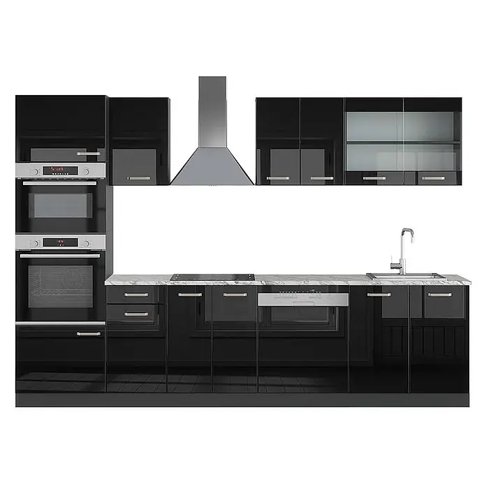 Vicco Küchenzeile R-Line Schwarz Hochglanz/Anthrazit mit Hochschrank, AP Marmor - Schwarz Hochglanz, Ohne Elektrogeräte - Schwarze Hochglanzküche mit integrierten Öfen, Kochfeld, Spüle, Geschirrspüler, Dunstabzugshaube und Marmor-Arbeitsplatte.