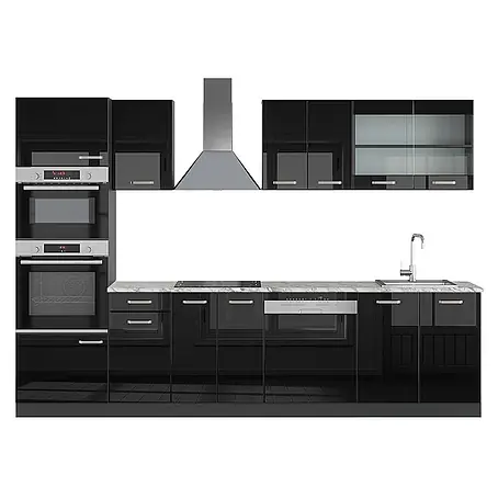 Vicco  Küchenzeile R-Line Schwarz Hochglanz/Anthrazit mit Hochschrank, AP Marmor