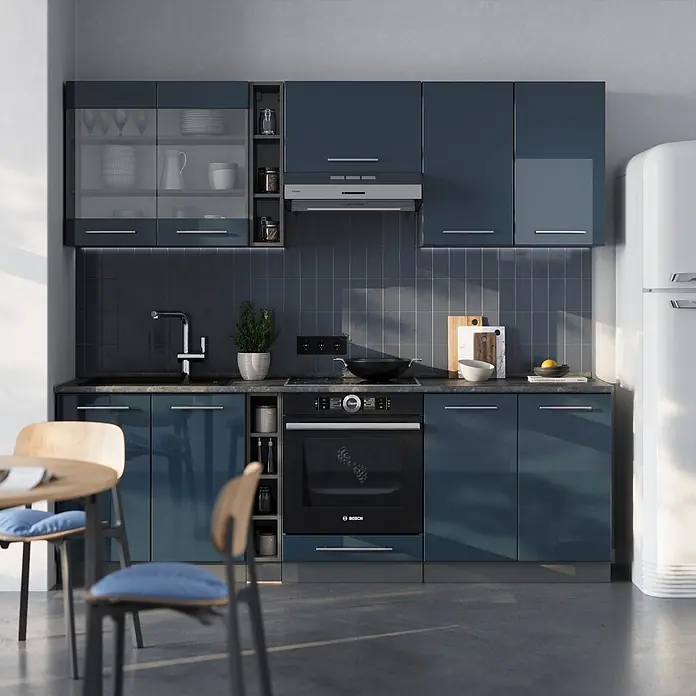 Vicco Küchenzeile Fame-Line Dunkelblau Hochglanz/Anthrazit, AP Eiche - Breite: 235 cm, Dunkelblau Hochglanz, Ohne Elektrogeräte - Moderne dunkelblaue Küchenschränke mit integriertem Ofen und Geräten. Platziert in zeitgemäßer Küchenanordnung.