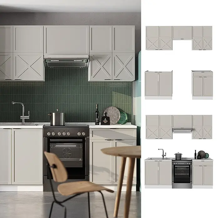 Vicco Küchenzeile Fame-Line GrauBeige/Weiß, AP Eiche - Breite: 200 cm, GrauBeige, Ohne Elektrogeräte - Hellegraue modulare Küchenschränke, einzelne Module gezeigt.