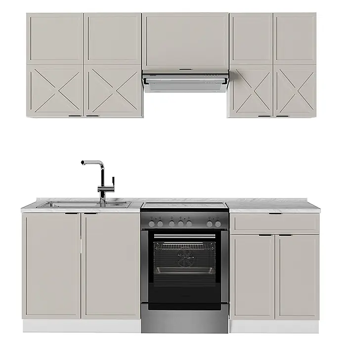 Vicco Küchenzeile Fame-Line GrauBeige/Weiß, AP Marmor - Breite: 200 cm, GrauBeige, Ohne Elektrogeräte - Komplette Küchenzeile mit hellbeigen Schränken, Arbeitsplatte in Marmoroptik, Spüle, Edelstahlherd und Dunstabzugshaube.