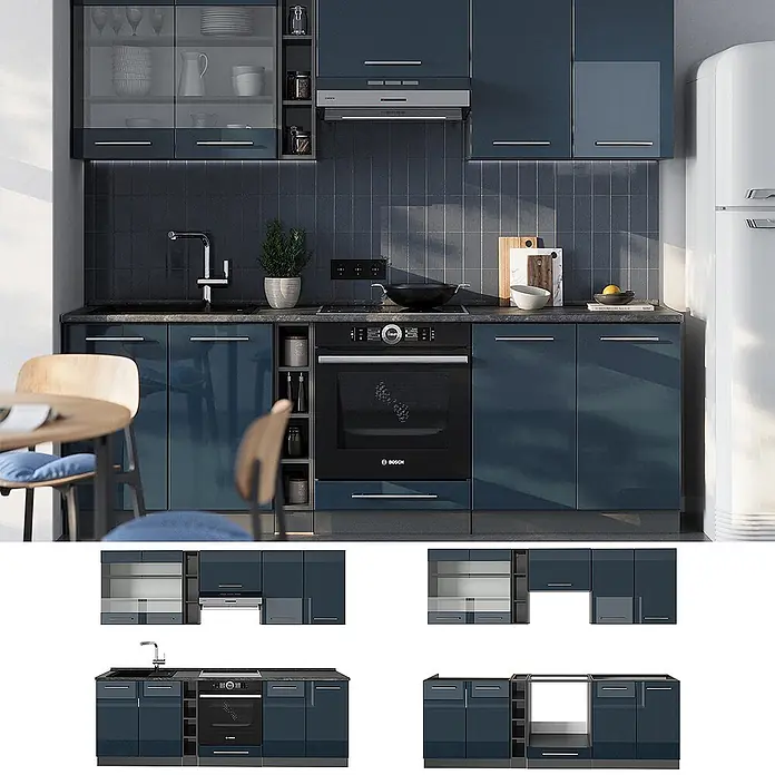 Vicco Küchenzeile Fame-Line Dunkelblau Hochglanz/Anthrazit, AP Eiche - Breite: 235 cm, Dunkelblau Hochglanz, Ohne Elektrogeräte - Dunkelblaues, glänzendes Küchenschrank-Set mit integriertem Ofen und Dunstabzugshaube.