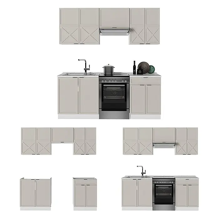 Vicco Küchenzeile Fame-Line GrauBeige/Weiß, AP Eiche - Breite: 200 cm, GrauBeige, Ohne Elektrogeräte - Modulare hellbeige Küchenschränke mit X-Muster und glatten Türen, inkl. Spüle, Ofen und Dunstabzugshaube, in versch. Konfigurationen.