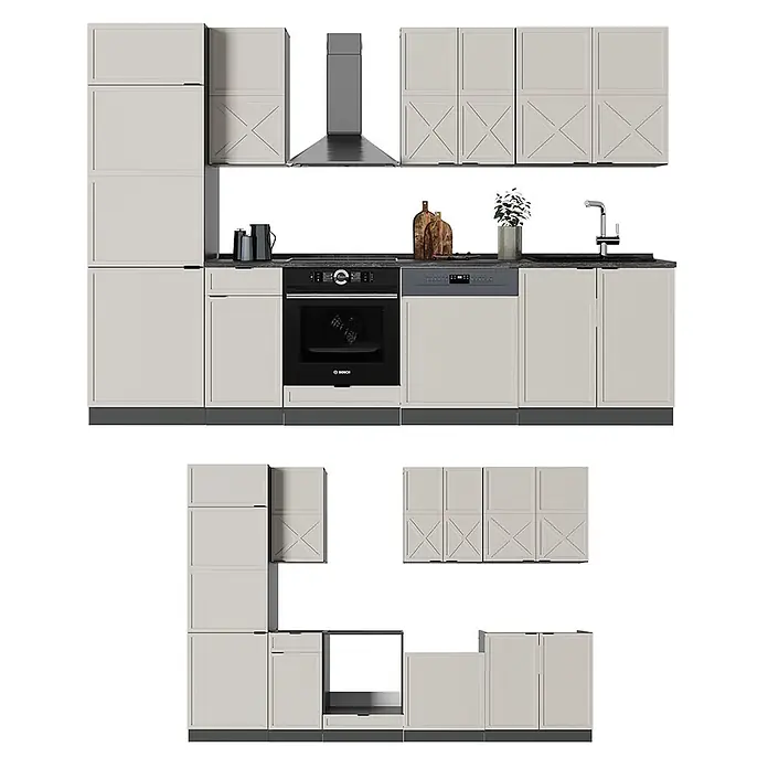 Vicco Küchenzeile Fame-Line GrauBeige/Anthrazit, AP Eiche - Breite: 300 cm, GrauBeige, Ohne Elektrogeräte - Moderne modulare Küche mit hellbeigen Schränken, schwarzer Arbeitsplatte, schwarzem Ofen, grauem Geschirrspüler und Edelstahlhaube.