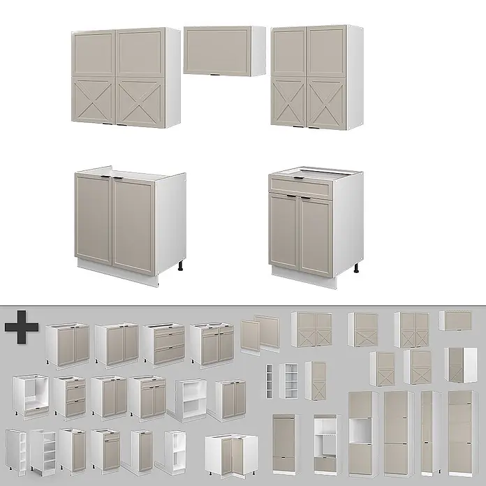 Vicco Küchenzeile Fame-Line GrauBeige/Weiß, AP Eiche - Breite: 200 cm, GrauBeige, Ohne Elektrogeräte - Modulare Küchenschrank-Elemente mit hellbeigen Türen und weißen Rahmen für diverse Küchenkonzepte.