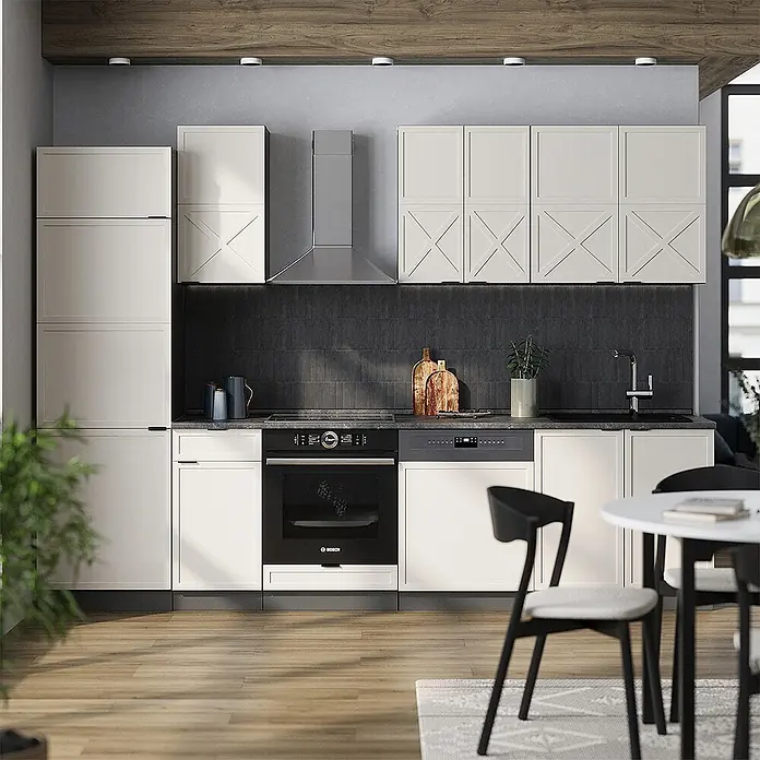 Vicco Küchenzeile Fame-Line GrauBeige/Anthrazit, AP Eiche - Breite: 300 cm, GrauBeige, Ohne Elektrogeräte - Moderne Küche mit hellbeigen Schränken, dunklem Fliesenspiegel, integriertem schwarzem Backofen und Geschirrspüler sowie einem Essbereich.