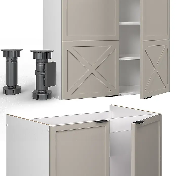 Vicco Küchenzeile Fame-Line GrauBeige/Weiß, AP Eiche - Breite: 200 cm, GrauBeige, Ohne Elektrogeräte - Helle Küchenschränke mit beigefarbenen Türen mit X-Design, Innenregalen und verstellbaren dunkelgrauen Füßen.