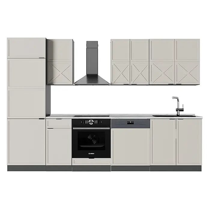 Vicco Küchenzeile Fame-Line GrauBeige/Anthrazit ohne Arbeitsplatte - Breite: 300 cm, GrauBeige, Ohne Elektrogeräte - Eine komplette Küchenzeile mit hellbeigen Schränken, dunklen Geräten (Backofen, Kochfeld, Geschirrspüler, Dunstabzug) und Spüle mit Wasserhahn.