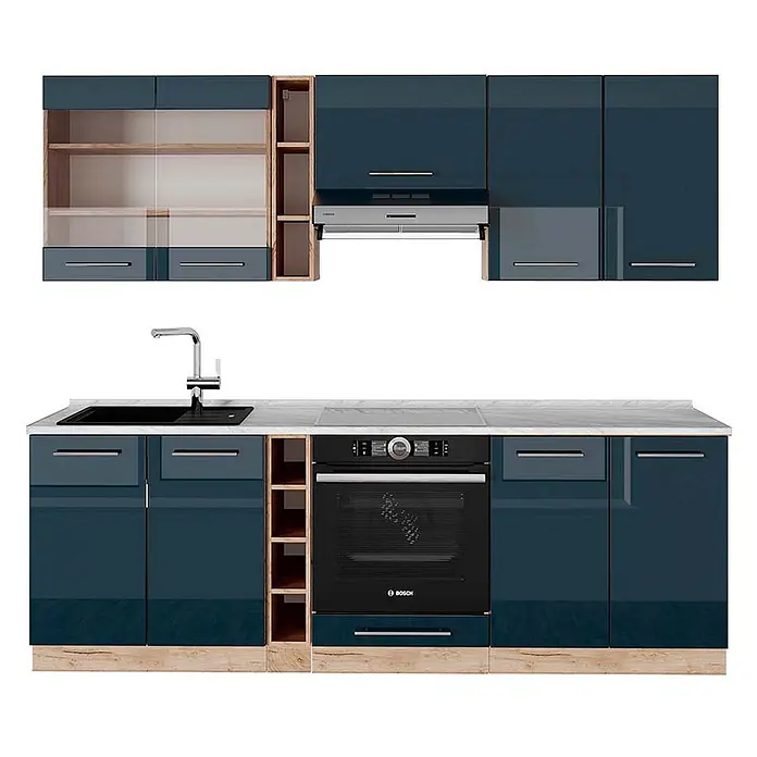 Vicco Küchenzeile Fame-Line Dunkelblau Hochglanz/Goldkraft Eiche, AP Marmor - Breite: 235 cm, Dunkelblau Hochglanz, Ohne Elektrogeräte - Glänzende dunkelblaue Küchenschränke mit Holz Akzenten, weißer Arbeitsplatte, schwarzem Spülbecken und integriertem Backofen.
