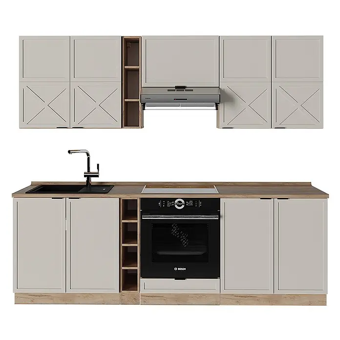 Vicco Küchenzeile Fame-Line GrauBeige/Goldkraft Eiche, AP Eiche - Breite: 235 cm, GrauBeige, Ohne Elektrogeräte - Modulare Küchenzeile mit hellgrauen Schranktüren, Holz-Arbeitsplatte, integrierter Spüle, Herd, Backofen und Dunstabzugshaube.