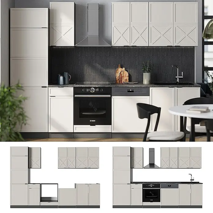 Vicco Küchenzeile Fame-Line GrauBeige/Anthrazit, AP Eiche - Breite: 300 cm, GrauBeige, Ohne Elektrogeräte - Modulares Küchensystem mit hellen Schränken, dunkler Arbeitsplatte, integriertem Backofen, Geschirrspüler und Spüle, plus Dunstabzugshaube.