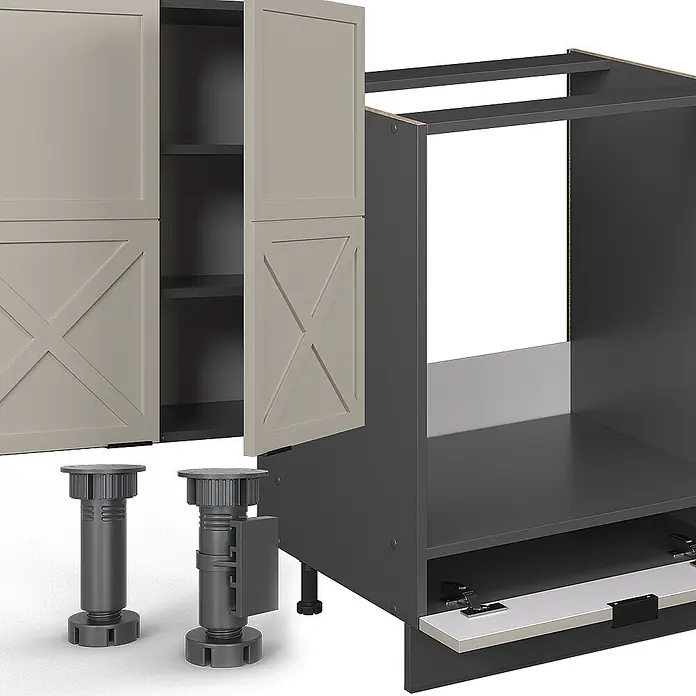 Vicco Küchenzeile Fame-Line GrauBeige/Anthrazit, AP Eiche - Breite: 300 cm, GrauBeige, Ohne Elektrogeräte - Zerlegte graue Schrankkomponenten, inkl. beiger Türen mit X-Muster, Korpus und verstellbaren Füßen.