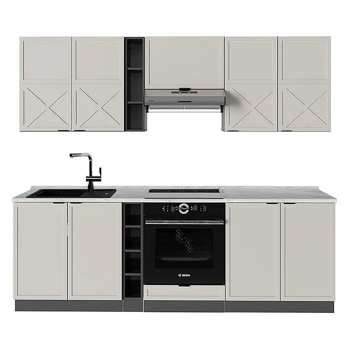 Vicco Küchenzeile Fame-Line GrauBeige/Anthrazit, AP Marmor - Breite: 235 cm, GrauBeige, Ohne Elektrogeräte - Modulare Küche mit hellbeigen Schränken, schwarzem Ofen, Kochfeld, Spüle, Dunstabzugshaube und weißer Marmorarbeitsplatte.