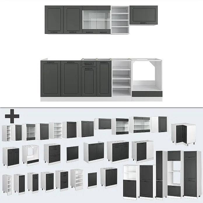 Vicco Küchenzeile R-Line Anthrazit Landhaus/Weiß ohne Arbeitsplatte - Anthrazit Landhaus, Ohne Elektrogeräte - Modulares Küchenschranksystem mit dunkelgrauen Fronten und weißen Korpen, inklusive verschiedener Wand-, Unterschrank- und Vorratseinheiten.