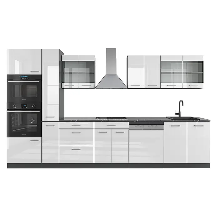 Vicco Küchenzeile R-Line Weiß Hochglanz/Anthrazit mit Hochschrank - Breite: 350 cm, Weiß Hochglanz, Ohne Elektrogeräte - Moderne weiße Hochglanzküche mit schwarzer Marmor-Arbeitsplatte, integriertem Doppelofen, Kochfeld, Dunstabzugshaube, Spülmaschine und schwarzem Spülbecken.