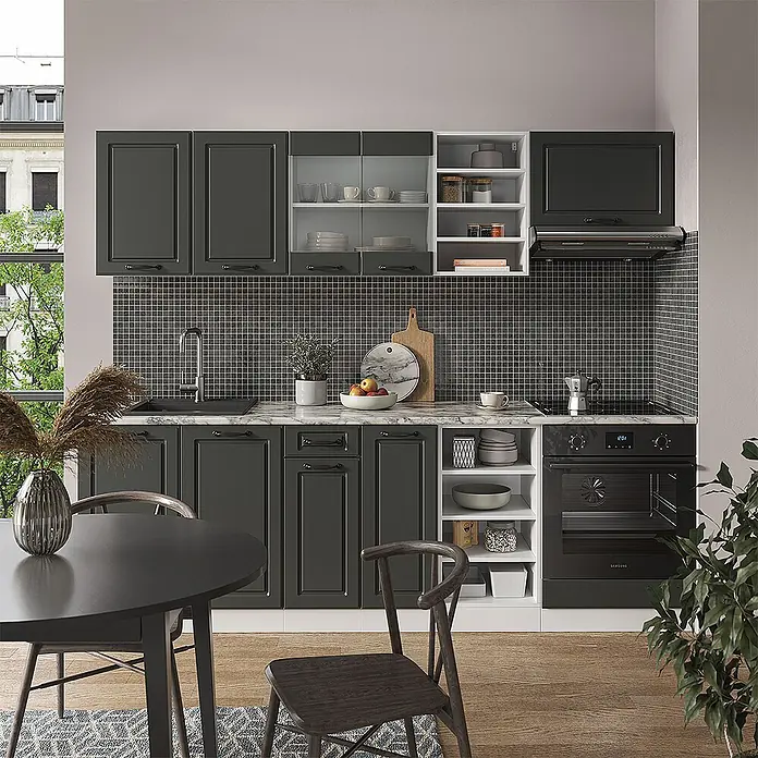 Vicco Küchenzeile R-Line Anthrazit Landhaus/Weiß, AP Anthrazit - Anthrazit Landhaus, Ohne Elektrogeräte - Moderne dunkelgraue Küchenschränke mit weißen Regalen, Marmor-Arbeitsplatte und schwarzem Fliesen-Spritzschutz.