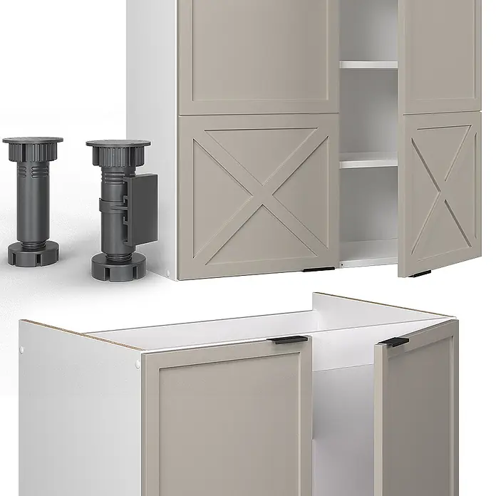 Vicco Küchenzeile Fame-Line GrauBeige/Weiß, AP Marmor - Breite: 235 cm, GrauBeige, Ohne Elektrogeräte - Modulare Küchenschrankkomponenten: hellbraune Türen mit weißem Interieur, schwarze Griffe und verstellbare graue Füße.