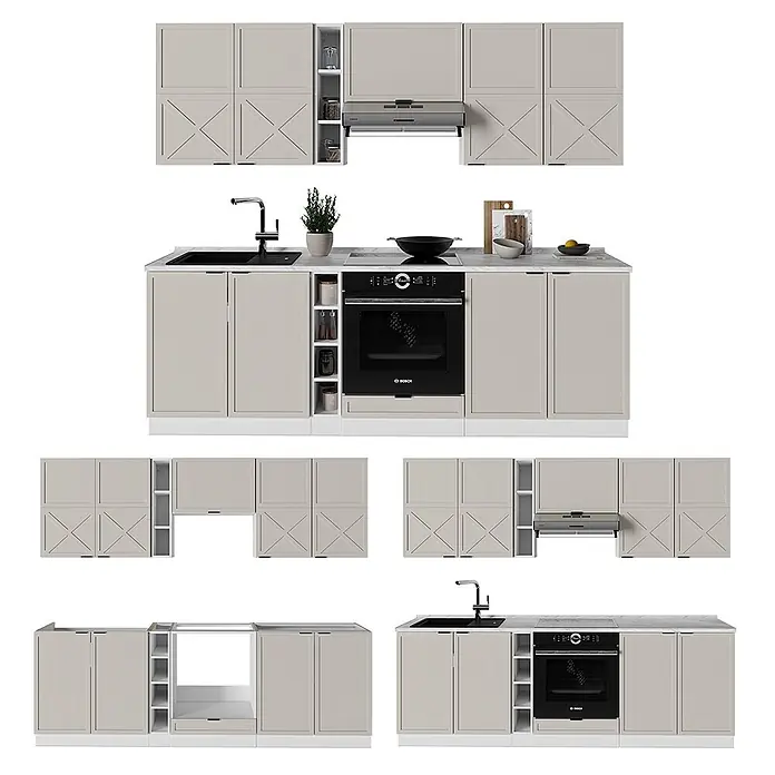 Vicco Küchenzeile Fame-Line GrauBeige/Weiß, AP Marmor - Breite: 235 cm, GrauBeige, Ohne Elektrogeräte - Moderne, modulare Küche in Hellbeige mit Schränken, integriertem Backofen, Kochfeld, Spüle und Dunstabzugshaube.