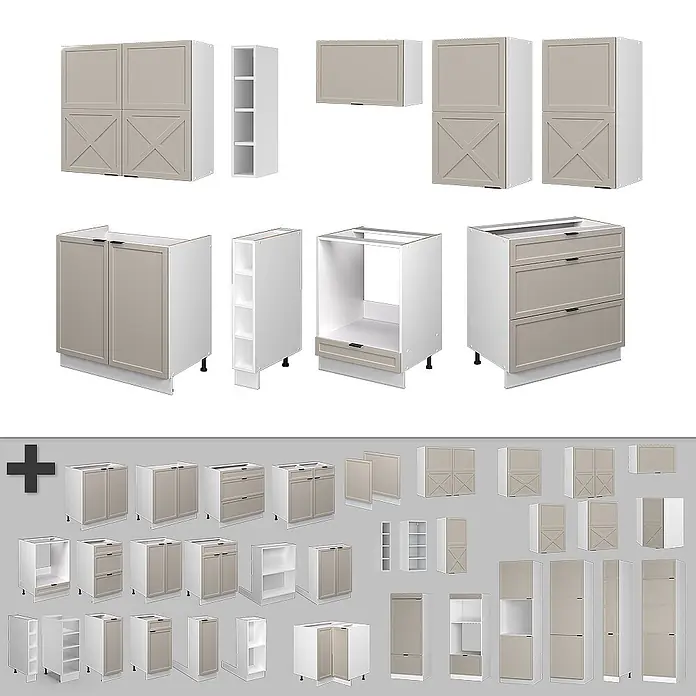 Vicco Küchenzeile Fame-Line GrauBeige/Weiß, AP Marmor - Breite: 235 cm, GrauBeige, Ohne Elektrogeräte - Modulare Küchenschränke in Weiß mit beigen Türen/Schubladen, Boden-, Wand- u. Hochschränke, teils m. Kreuzstreben.