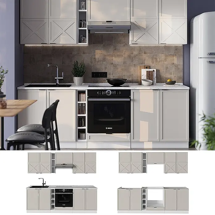 Vicco Küchenzeile Fame-Line GrauBeige/Weiß, AP Marmor - Breite: 235 cm, GrauBeige, Ohne Elektrogeräte - Helle graue moderne Küchenschränke mit oberen Türen im Kreuzmuster, integriertem Backofen und Spüle, in einer kompletten Küche.
