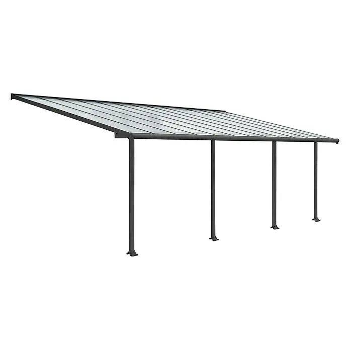 Palram – Canopia Terrassenüberdachung Olympia - B x T: 730 x 300 cm, Anthrazitgrau, Polycarbonat, Transparent - Ein modernes Vordach mit grauen Pfosten und einer geneigten, transparenten Überdachung. Es bietet Schutz vor Witterungseinflüssen.