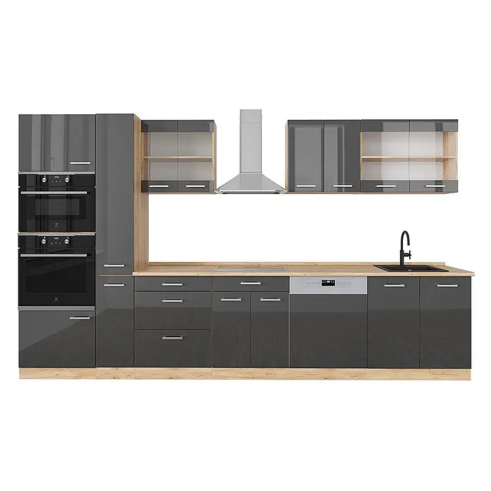 Vicco Küchenzeile R-Line Anthrazit Hochglanz/Goldkraft Eiche mit Hochschrank, AP Eiche - Breite: 350 cm, Anthrazit Hochglanz, Ohne Elektrogeräte - Moderne dunkelgraue Hochglanzküche mit Holzdetails, integrierten Öfen, Kochfeld, Spüle und Geschirrspüler.